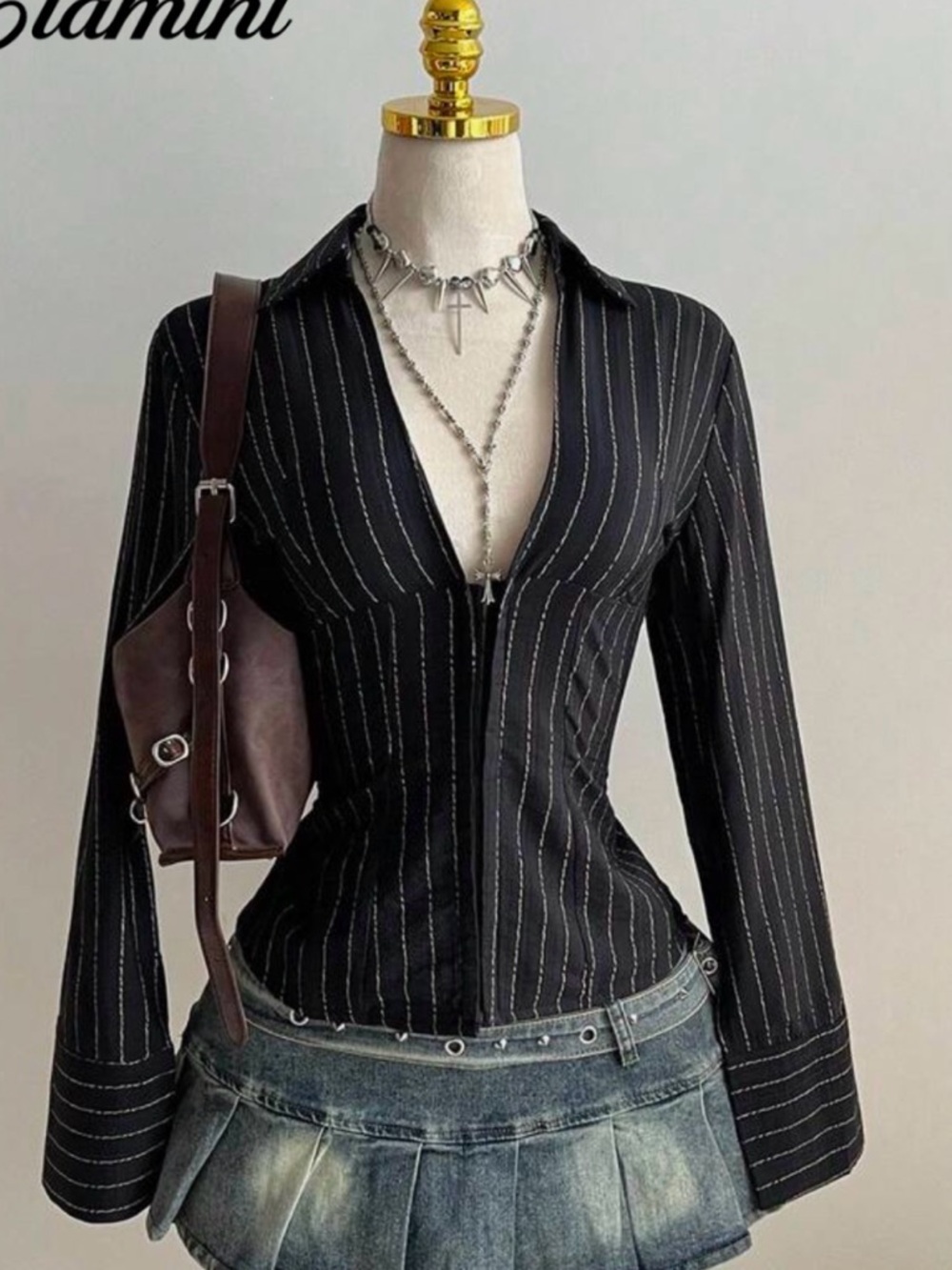 SHEIN Black Pinstripe Button-Down Fitted Shirt